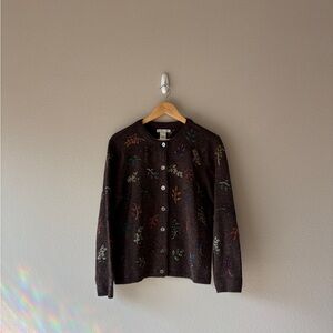 vintage cambridge dry goods embroidered leafs brown wool knit cardigan sweater